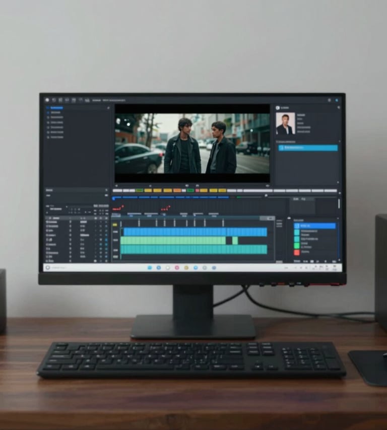 A minimalist composition of professional video editing equipment on a dark wooden desk. A single monitor displays a vibrant cinematic frame. The mood is calm and professional, with a color palette of #0A0A0A, #2C3E50, and #ECF0F1.