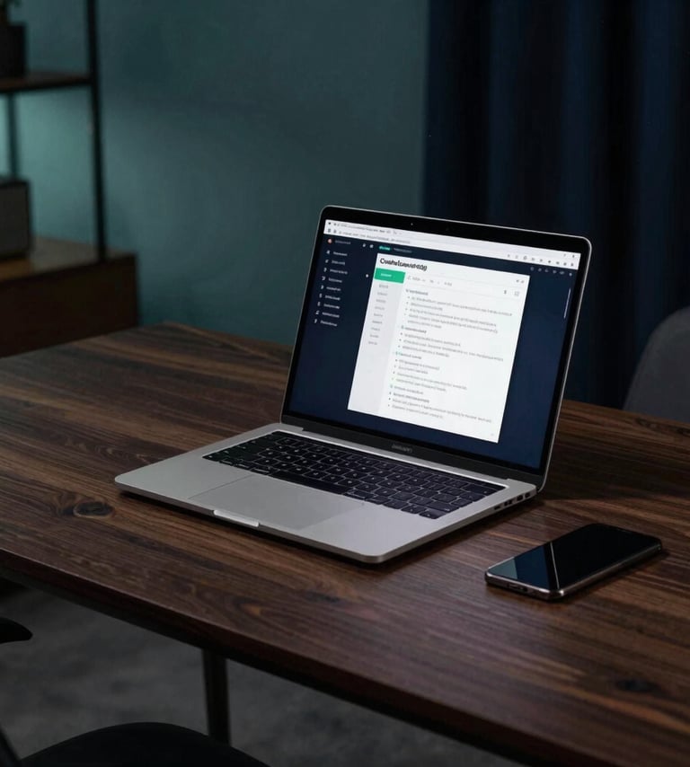 A professional wide-angle shot of a high-end laptop open on a dark wood desk in a modern home office. The screen shows a secure terminal interface. The room is dimly lit with ambient muted sea teal light and deep space navy shadows.