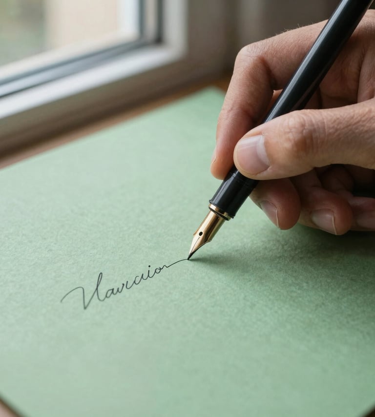 Close-up of a hand holding a fine dip pen, drawing a delicate line on soft tea green textured paper, soft natural light coming from a side window.