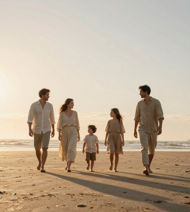 Cinematic lifestyle photography of a family walking on a beach at sunset. The lighting is warm and sun-drenched. The family wears soft sand and warm beige linen clothing. The composition is wide, showing the authentic interaction and the vast, peaceful horizon.