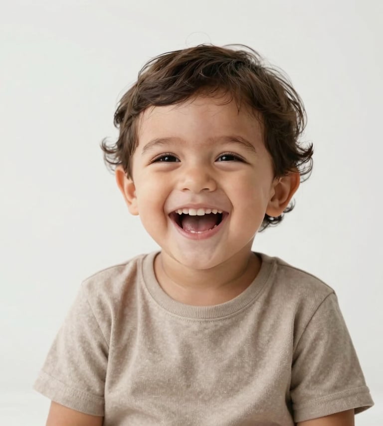 A high-quality minimalist portrait of a laughing South American / Brazilian toddler, shot in a bright studio with soft lighting. The background is a clean Pearl White, and the child is wearing simple, neutral-colored clothing in Warm Taupe. Professional photography, shallow depth of field.