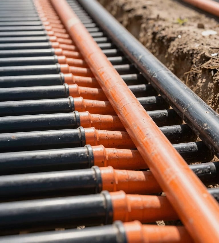 Close-up of neatly laid pipes in a trench, connected and ready for backfill, clean site, bright natural daylight, high-contrast black and orange tones