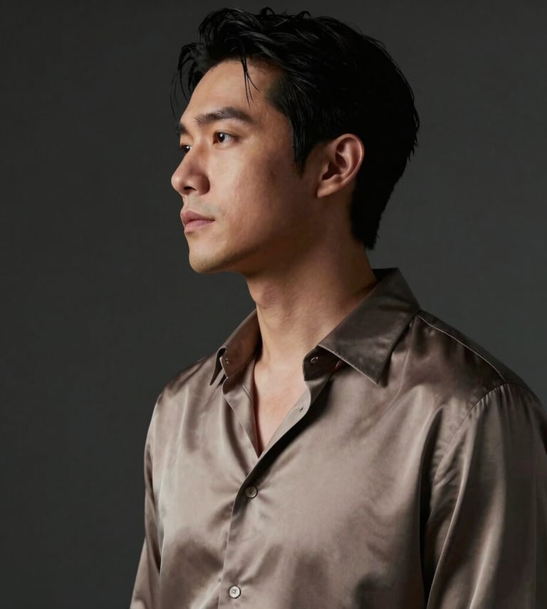 A sophisticated portrait of a musician in profile, softly lit by warm light. The background is a deep charcoal. The musician wears a soft taupe silk shirt. Cinematic lighting, elegant and quiet mood.