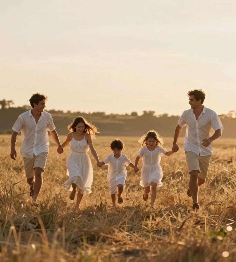 Cinematic wide-angle shot of a young family running through a sun-drenched meadow at golden hour. The lighting is warm and hazy, highlighting soft sand tones and pure white clothing. Professional photography style, authentic human connection.