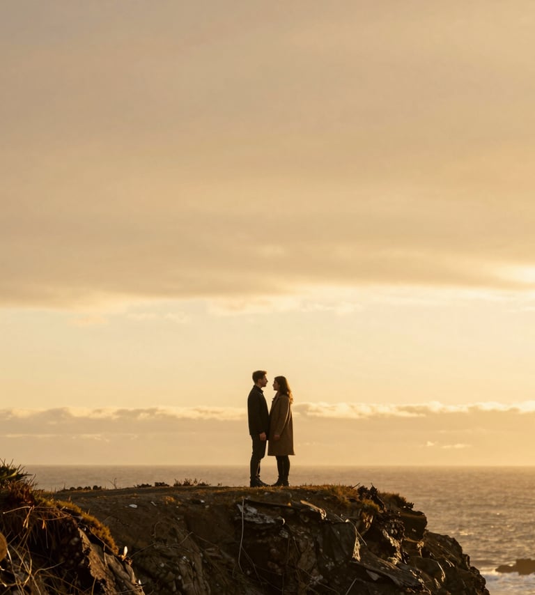 A high-end editorial photograph of a couple standing on a coastal cliff in the Pacific Northwest, North American / US. Golden hour lighting, warm brushed gold tones in the sky, minimalist composition with wide negative space.