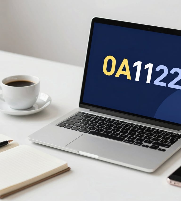 A sophisticated and modern workspace with a sleek laptop, a minimalist notebook, and a cup of artisan coffee. The lighting is bright and forward-thinking, emphasizing a clean, professional aesthetic. Incorporate touches of #0A1128, #1E3F66, #E2B941, and #F5F8FA.