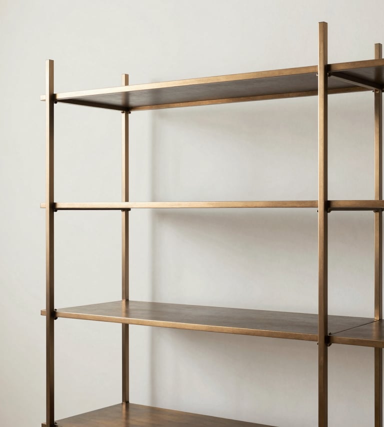 A minimalist shelving unit crafted from hand-polished warm bronze and dark steel. The piece stands against a soft off-white wall in a bright studio setting. Sharp lines and clean geometric intersections are highlighted by natural daylight.