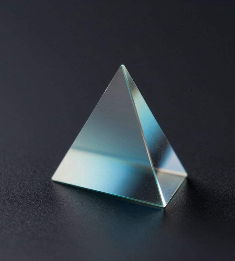 Cinematic shot of light refracting through a glass prism, creating soft #8FE3F5 and #4A6B8A gradients on a dark #0d1026 surface.