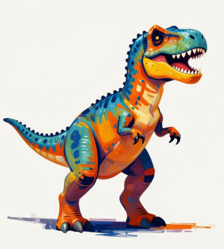 A vibrant, high-energy pop-art painting of a dancing T-Rex in bold acrylic colors including #D87D51 and #1F3A4B, against a clean studio background. The style is modern and playful with thick, visible brushstrokes.