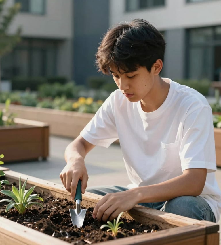A focused college student in a Cloud White shirt working with gardening tools at a wooden planting bed in a modern North American / US campus garden. Soft morning sunlight highlights the scene with tones of Silver Grey and Muted Navy in the background.