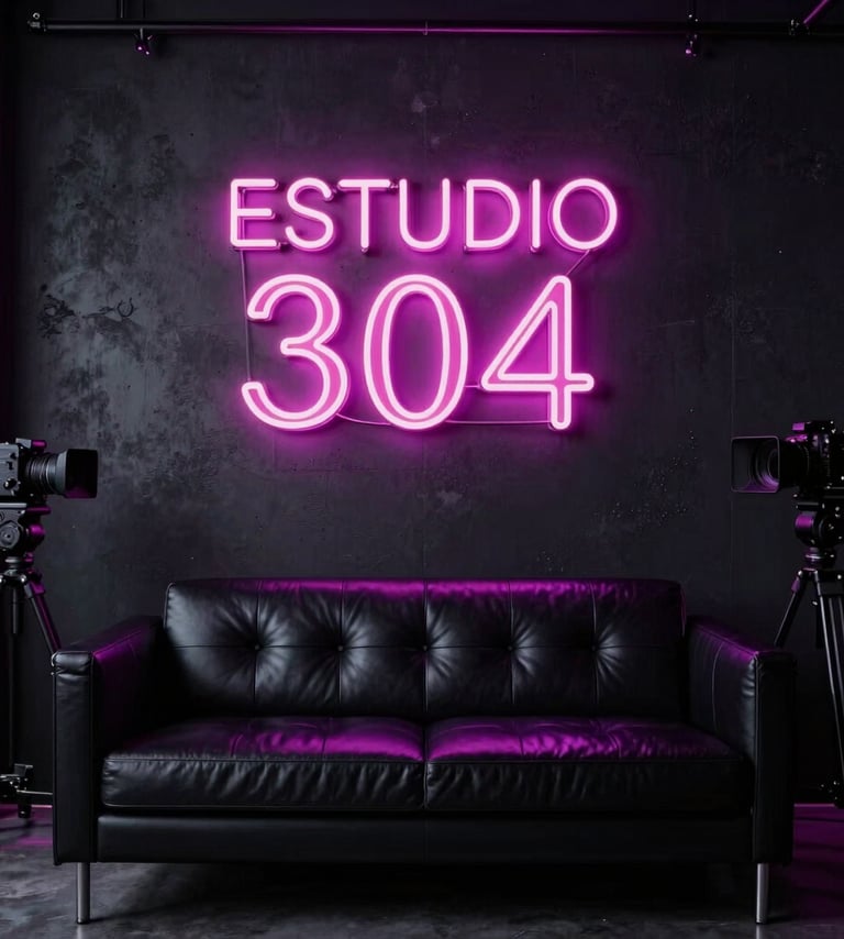 A premium, seductive adult modeling studio backdrop with a professional glowing pink neon sign reading ESTUDIO 304 on a dark concrete wall. Soft moody purple studio lighting, high-end production cameras on tripods visible in the background, a luxury black leather sofa. Elite, seductive atmosphere, Latin American / Global context, dark-mode styling.