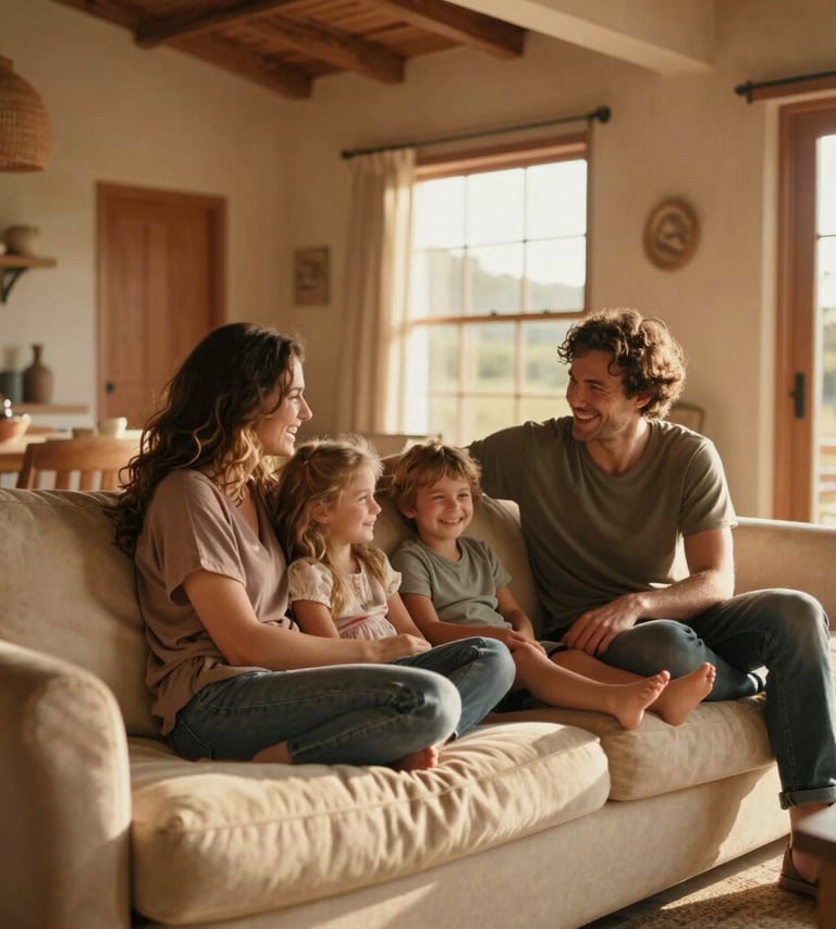 A cinematic lifestyle shot of a young family laughing together on a soft sand colored couch in a Western / Global home, sun-drenched golden hour light streaming through the window, warm terracotta accents in the room decor.