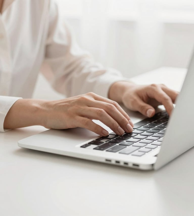 A professional working at a minimalist desk, only hands and a laptop visible. High-key lighting, soft textures, focused on the concept of modern productivity and professional value. Palette: #FDFDFD, #E0DCD9.