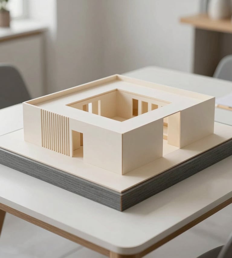 An architectural model crafted from Off-white cardstock and Slate grey wood. It sits on a minimalist desk in a bright, modern studio in Porto. High-angle, clean lighting, focus on precision and design.