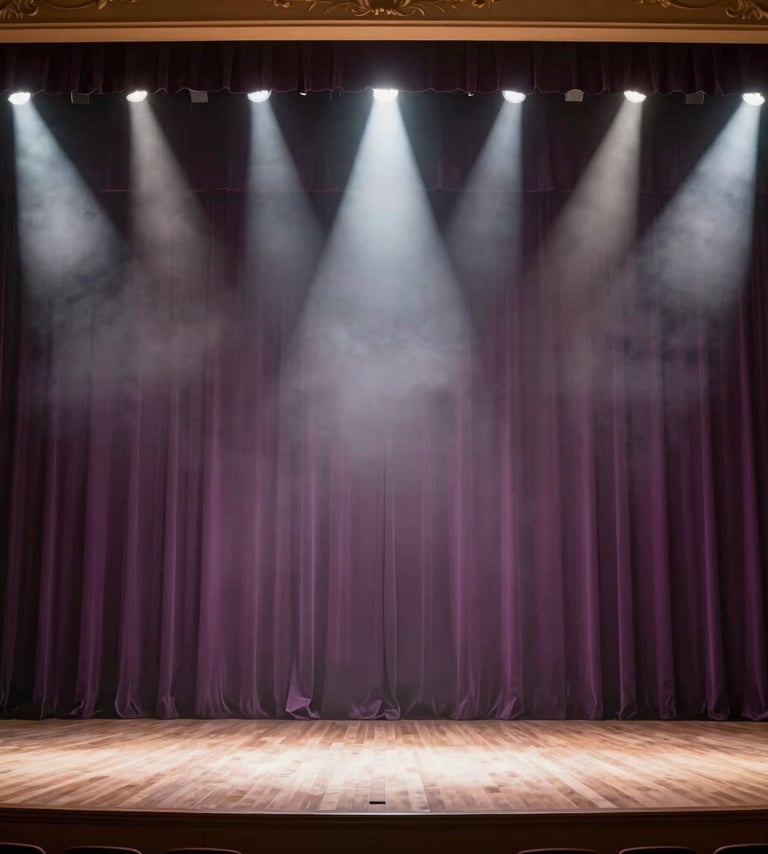 A sophisticated wide-angle photograph of a grand concert hall. Deep mauve stage curtains are visible in the background. The lighting is elegant with misty white spotlights creating a professional atmosphere. Cinematic composition, sharp focus.