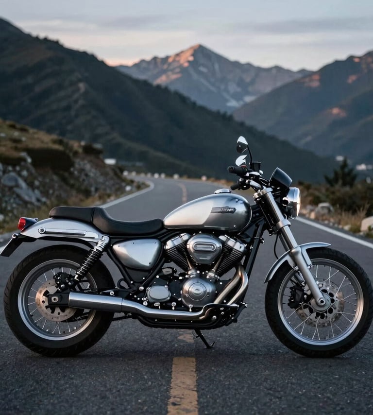 A side profile of a custom motorcycle parked on a high mountain pass in a Global / Western landscape. The lighting is early morning blue hour, emphasizing the cool silver metal against a dark charcoal road.