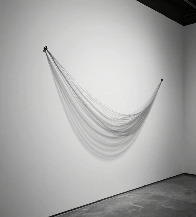 Cinematic black and white photography of a minimalist sound installation. A single taut string vibrates against a stark white wall in a gallery in Mexico, creating soft blurred motion. Elegant composition with strong shadows and a lot of white space.