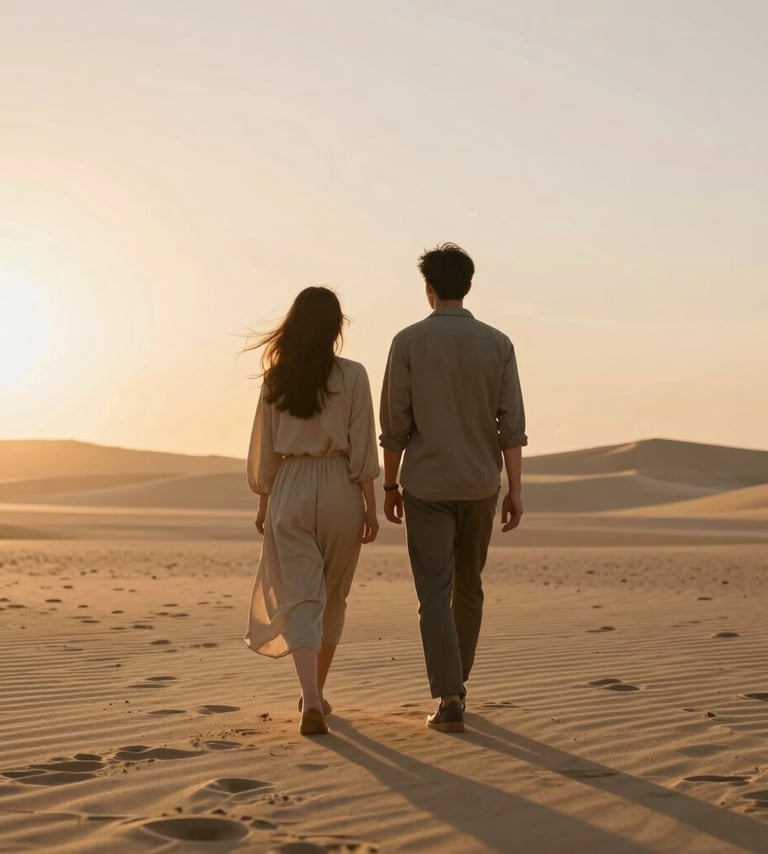 A full-length lifestyle shot of a couple walking together towards the sunset. The lighting is golden and warm, casting long shadows. The overall feel is cinematic and authentic. Sand tones #FDF8F0 dominate the landscape.