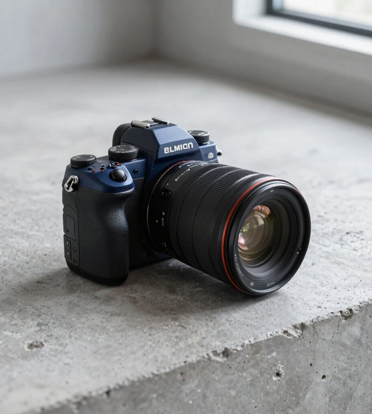 A high-resolution photography review shot featuring a state-of-the-art camera body resting on a minimalist concrete surface in a North American loft. The style is clean and modern, using natural light and a cool color palette of greys and dark blues.