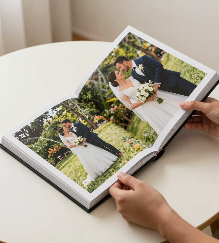 Hands flipping through the thick, matte pages of a wedding album, showing vibrant high-resolution images, clean off-white surroundings, South American / Colombian home setting.