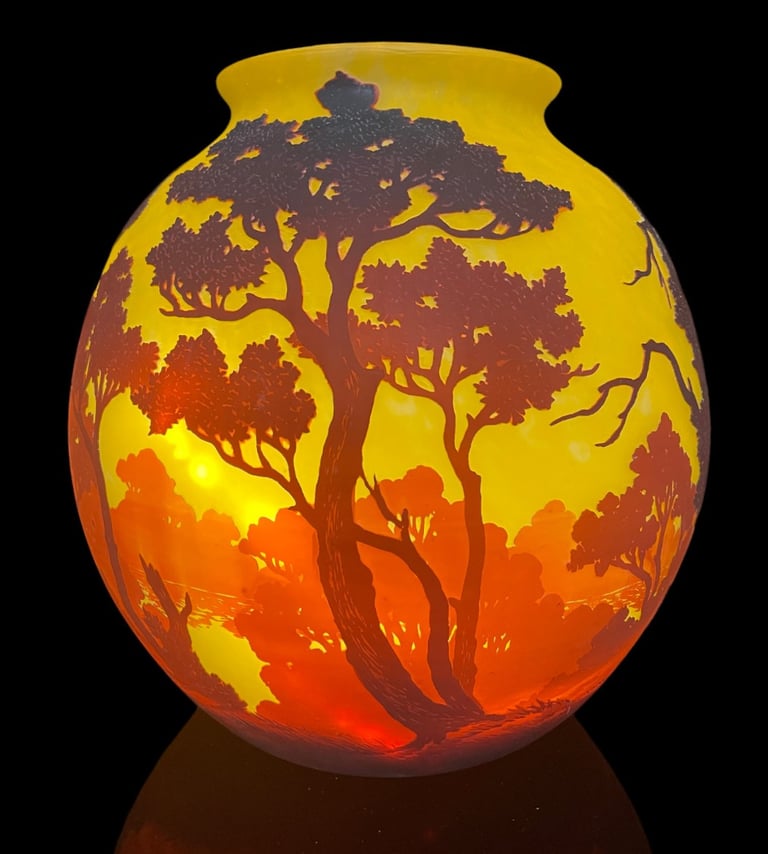 Vase en verre multicouche au paysage lacustre signé Muller Freres