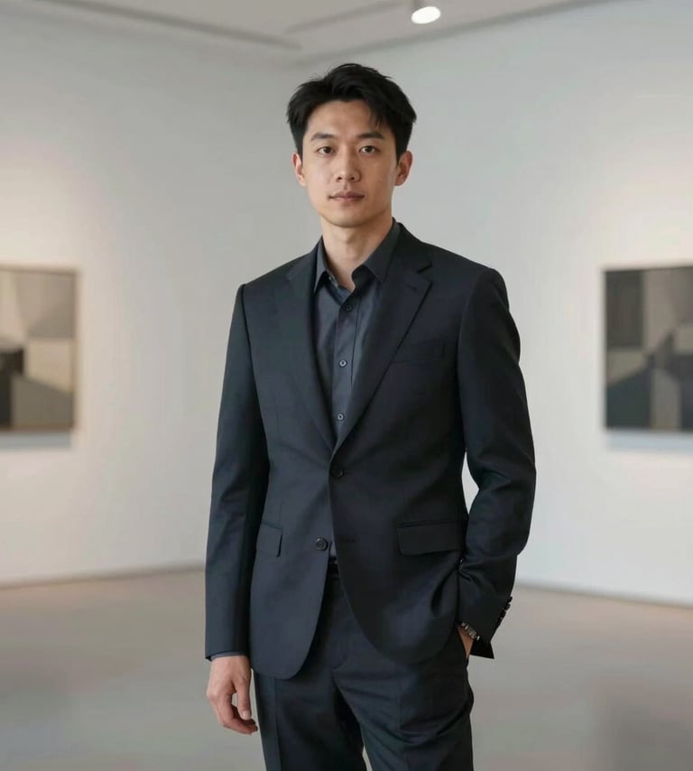 A full-page portrait of a creative professional in a dark tailored suit, standing in a minimalist gallery space with soft architectural lighting. Palette of #0A0A0A and #2C3E50. Professional and artistic.