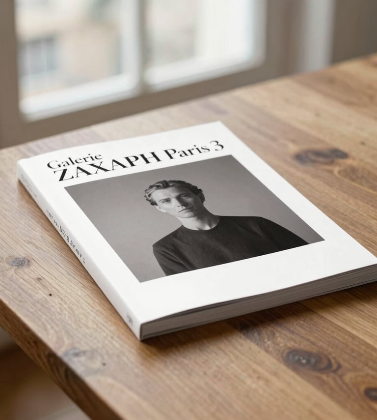 A vertical shot of a high-end art catalog resting on a #5F5B54 wooden table. The catalog cover features the 'Galerie ZAXAPH Paris' branding in elegant serif typography. Soft natural light from a Parisian window.