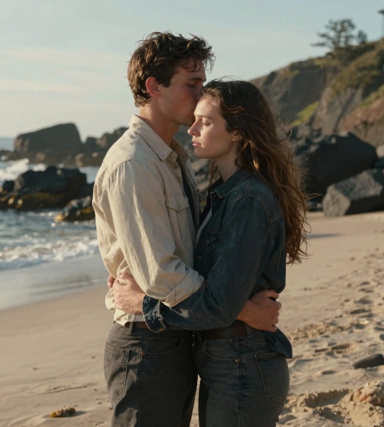 A cinematic hero portrait of a couple in a North American / General Western coastal environment. They are embracing naturally, with the soft sand beach and charcoal rocks in the background under a warm, sun-drenched sky.