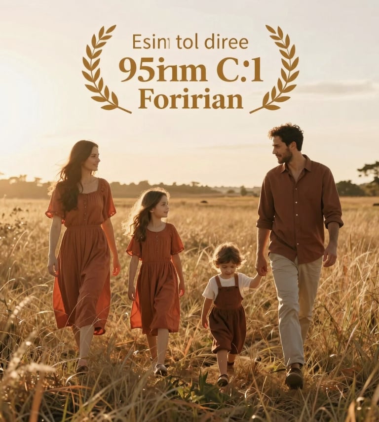 A cinematic, wide-angle lifestyle photograph of a family of four walking through a sun-drenched meadow at golden hour. The lighting is warm with soft flares, highlighting the soft sand colored grass and terracotta tones in their clothing.
