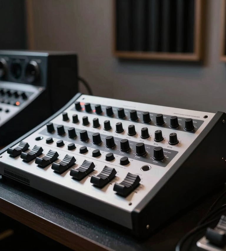 Professional music studio session in a Spanish / Latin American city, featuring high-end hardware with soft silver and obsidian black finishes, minimalist and clean dark mode vibe.