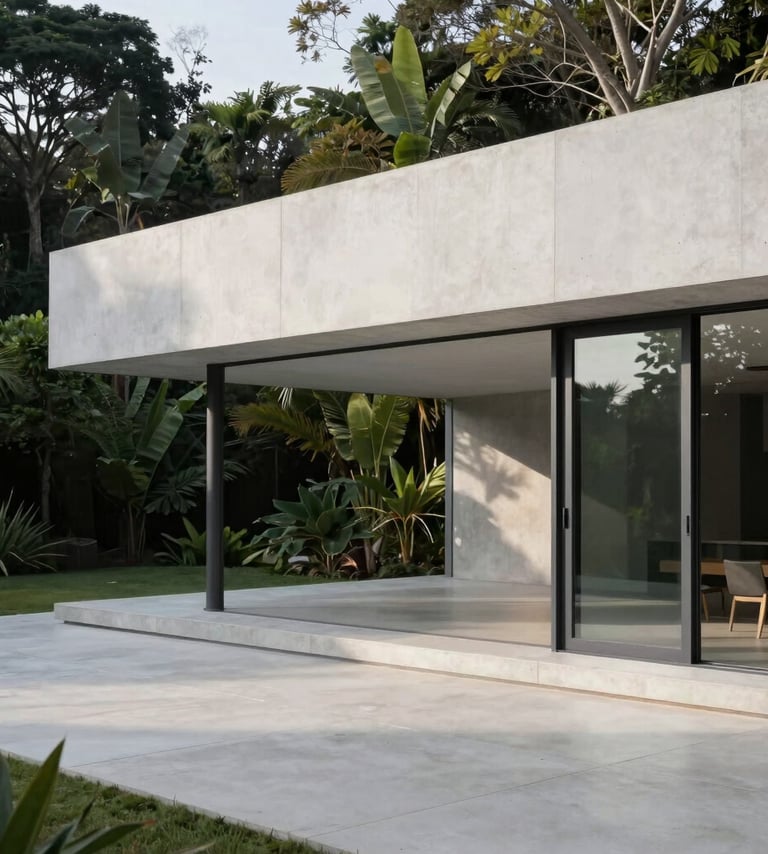 A high-end architectural photograph of a luxury minimalist residence in a lush South American / Brazilian setting. The structure features pure white concrete walls and floor-to-ceiling glass. The lighting is soft morning light, creating subtle shadows and highlighting the high-contrast charcoal grey window frames. Minimalist and editorial.