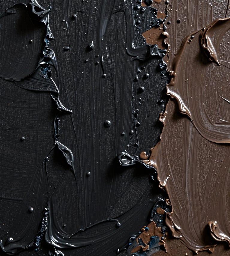 Artistic macro shot of thick oil paint textures and raw pigments on a canvas, low-key lighting highlighting the peaks and valleys of the medium. Deep charcoal black and muted earthy brown tones in a South American / Argentine setting.