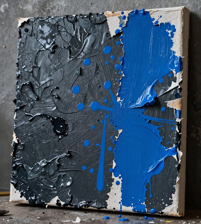 Macro photography of a mixed-media canvas with thick, layered acrylic paint and torn poster edges. The color palette features deep charcoal slate and vibrant electric blue splashes. The lighting is cinematic, capturing the grit and texture in a International / Urban Art Scene warehouse studio.