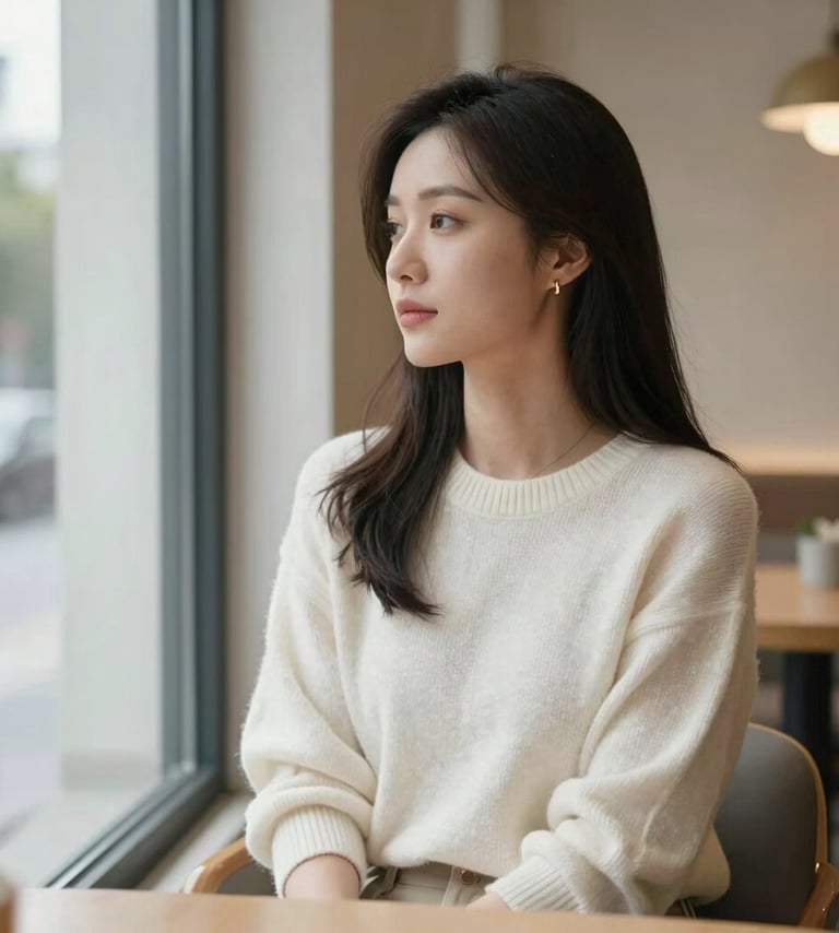 A beautiful woman sitting in a minimalist North American / Western European cafe, wearing a soft off-white knit sweater and soft gold accessories, looking thoughtfully out a large window. Soft daylight, clean lines, and a calm atmosphere.