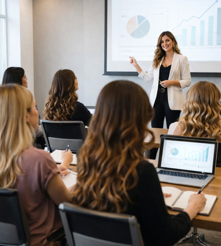 Oradora profesional que da una presentación comercial con gráficos de datos para una audiencia 