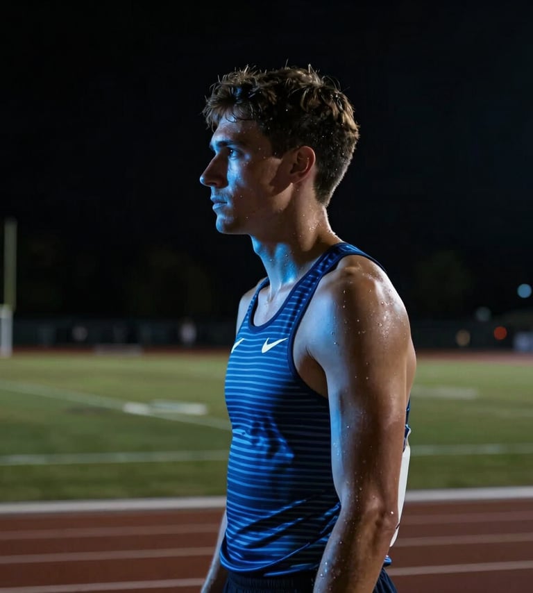 A vertical portrait of a focused athlete preparing for a race at a North American sports complex. The lighting is dramatic and moody, with a strong steel blue rim light highlighting their profile against a pitch-black background. Extremely sharp detail, professional commercial photography style.