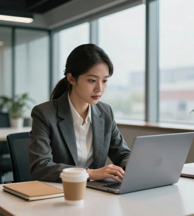 A professional North American male or female in business casual attire sitting at a clean desk in a modern office with large windows. They are focused on a laptop, with a cup of coffee and a tan notebook nearby. The lighting is soft and natural.