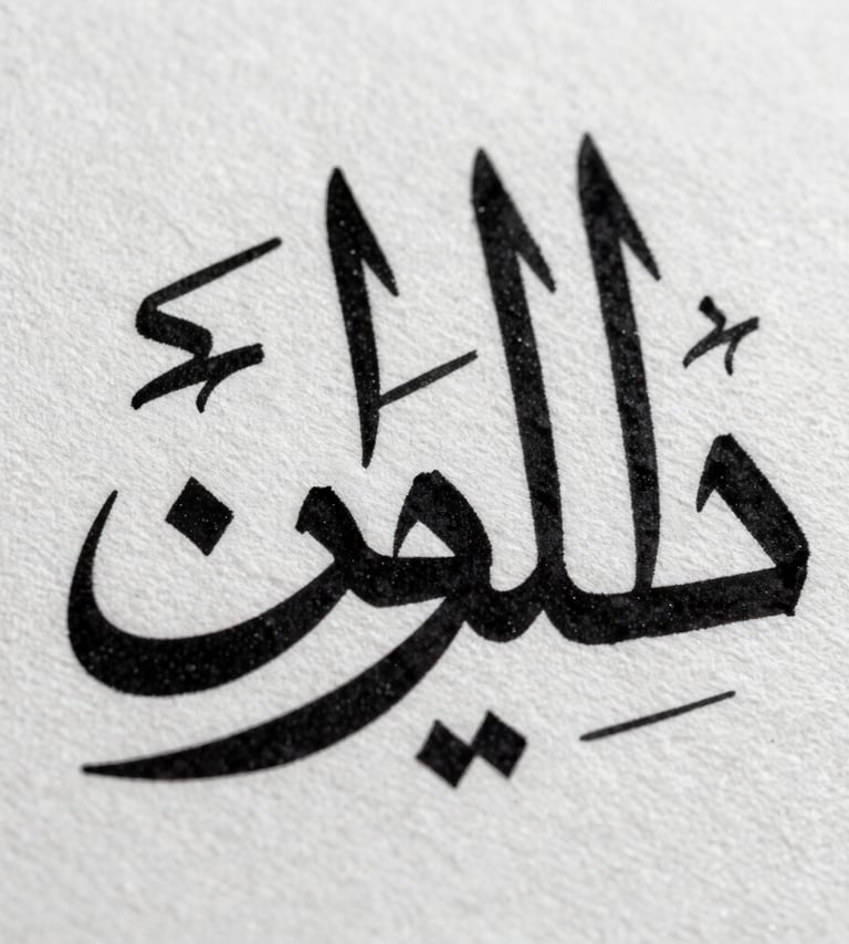 A macro photography detail of black ink on a textured white canvas, showing the sharp, bold ridges of a contemporary Arabic calligraphic stroke in a minimalist gallery style.