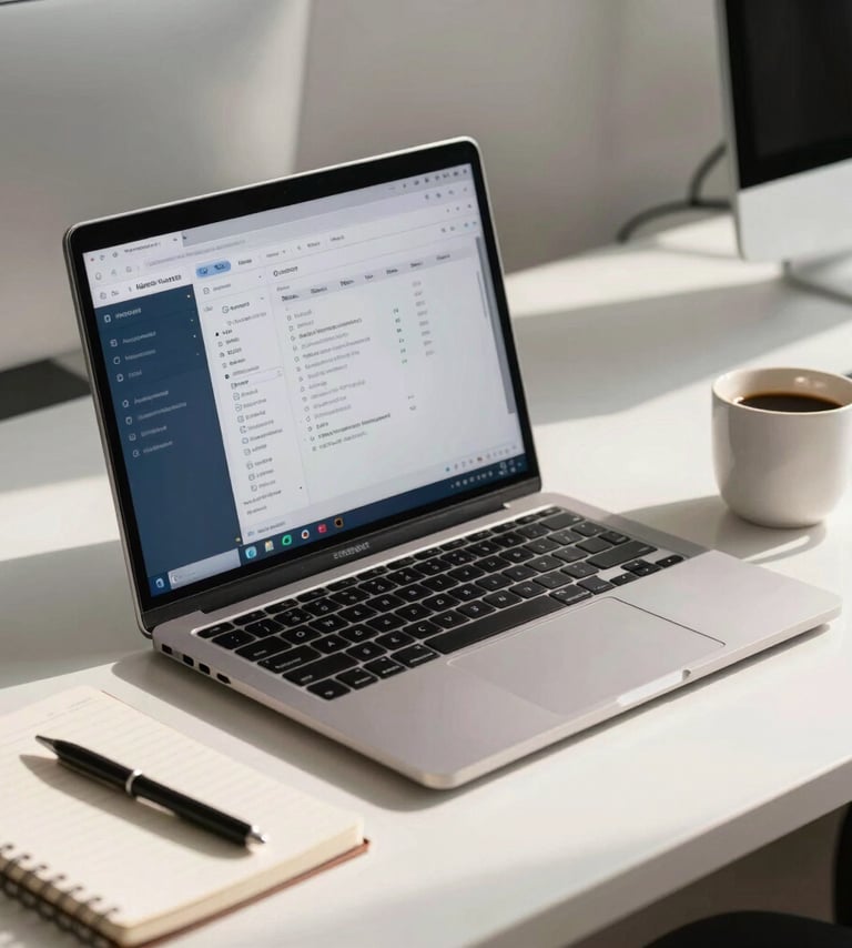 A professional Southeast Asian / Indonesian software developer workstation in a bright office. A high-end laptop shows a clean database interface. The desk is organized with a notebook and a coffee cup in Pale Mist White. Soft sunlight highlights the scene with Muted Steel Blue accents.