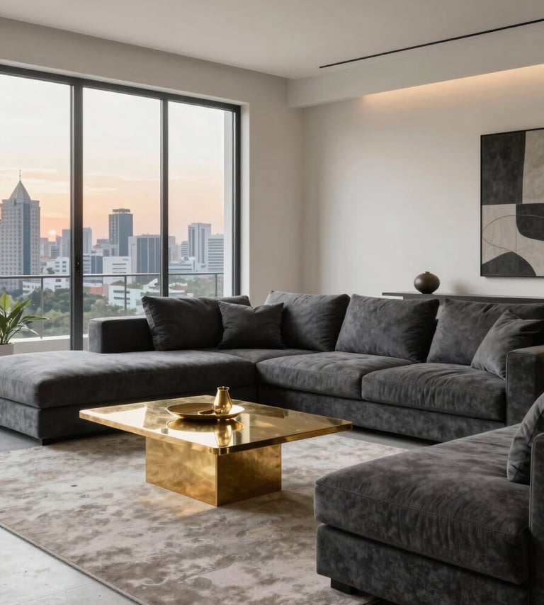 A high-end living room scene in Delhi NCR with modern charcoal gray sofas, gold accent coffee tables, and off-white walls. Large floor-to-ceiling windows reveal a hint of an Indian metropolitan skyline at sunset. Professional architectural photography style.