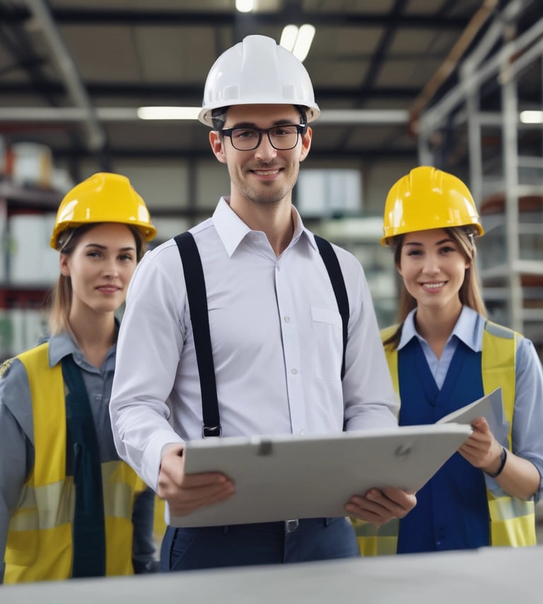 A skilled construction team collaborating on a modern building site under clear skies.