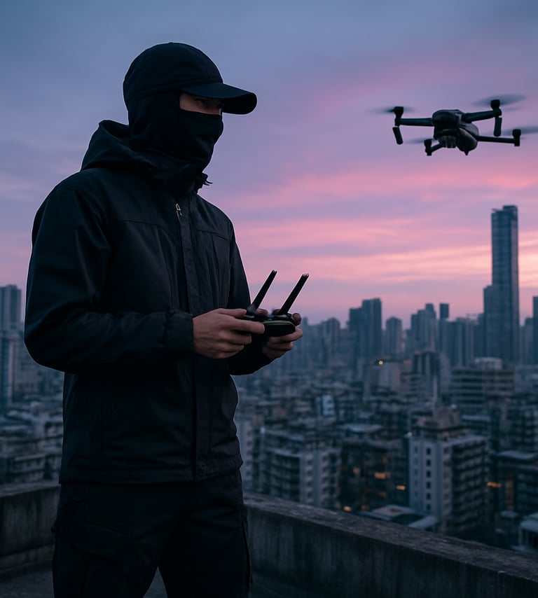A cinematic low-angle shot of a drone pilot wearing sleek techwear, standing on a rooftop overlooking a dense East Asian urban skyline during the blue hour with magenta sunset hints.