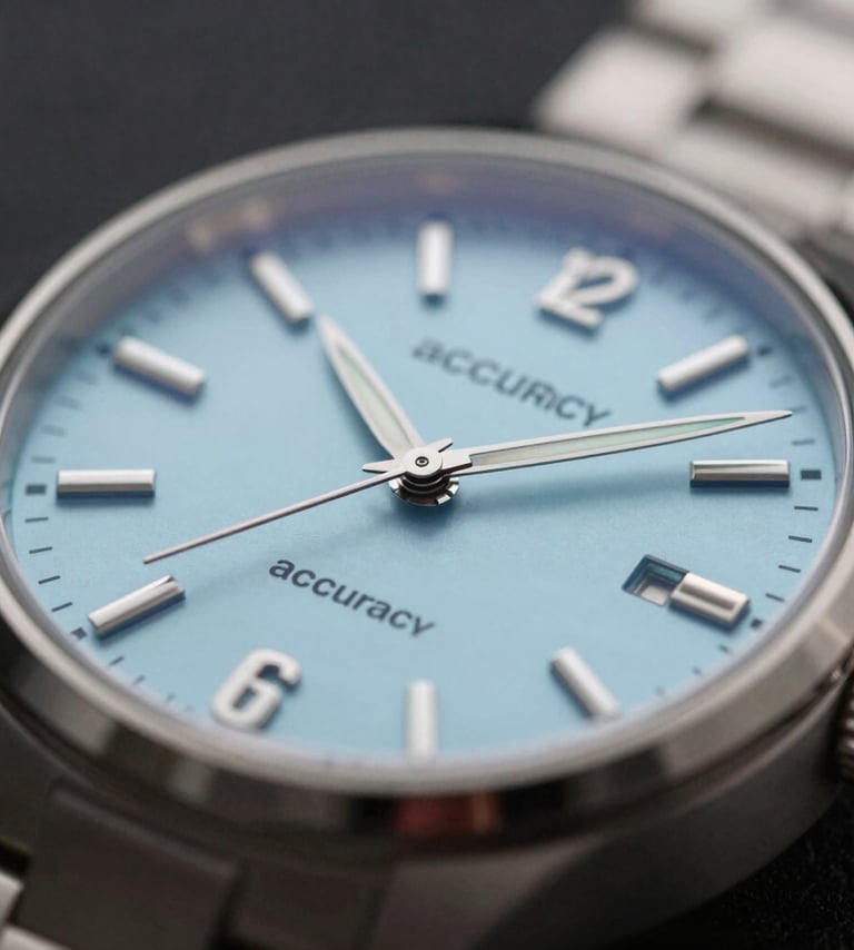 A close-up of a high-end watch or precision instrument on a dark textured background. The image represents 'accuracy' and 'leadership'. Colors are restricted to #111111 and #F0EDE8 with a hint of #0E7C7B on a small detail. Editorial photography style.