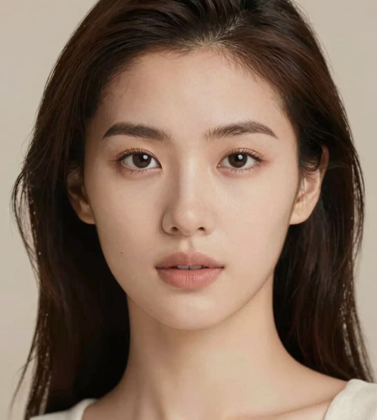 A close-up artistic portrait of a woman with radiant skin, soft natural lighting highlighting facial contours, neutral makeup, against a beige background. Professional, high-end editorial style using #FDFBF7 and #4B2E2B tones.