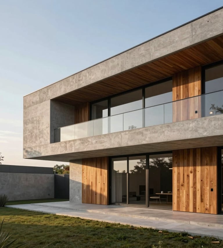 Minimalist modern villa with clean concrete lines and warm wood accents, bathed in soft afternoon sun, wide angle architectural photography