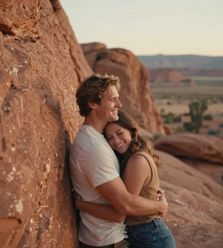 A cinematic vertical portrait of a couple embracing against a warm terracotta rock formation in a North American / US park. The lighting is rich and golden, highlighting the authentic connection and candid joy on their faces. The background is a soft, out-of-focus desert landscape.