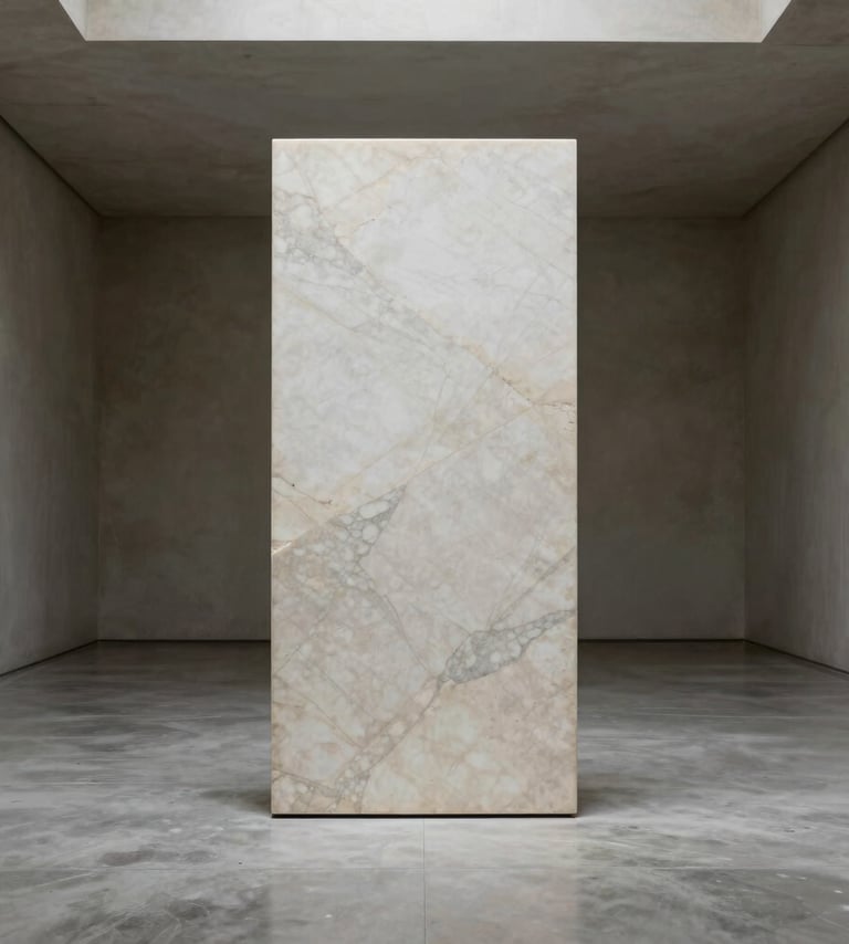 A full-screen architectural photograph of a single, large-scale minimalist sculpture made of off-white Carrara marble. The piece is situated in a cavernous, empty gallery space in Western Europe with polished concrete floors and soft, natural overhead lighting. The composition is centered and symmetrical, emphasizing the contrast between the sharp stone edges and the soft shadows.