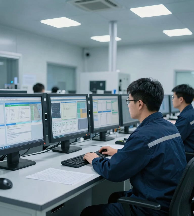 A high-precision industrial control room in a North American factory. Professional technicians in modern workwear monitor sleek rows of digital screens displaying automation data. The lighting is clean and cool, featuring medium blue and light grey tones, emphasizing a cutting-edge technological environment.