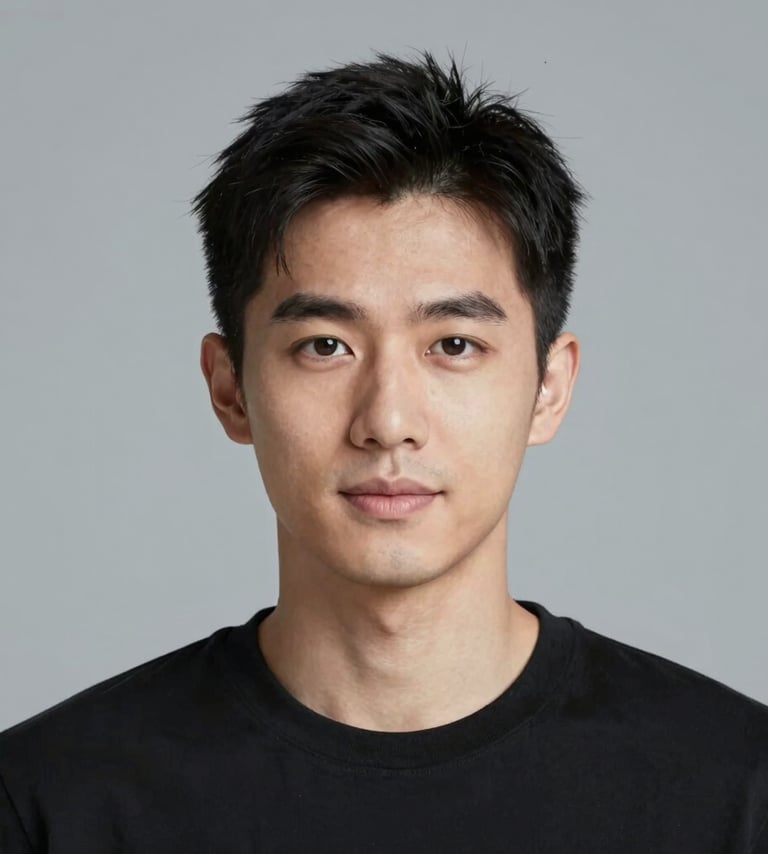 A crisp, professional headshot of the actor with a neutral expression. Clean, cinematic lighting against a soft #A8A8A8 background. The focus is sharp on the eyes, representing professional clarity.