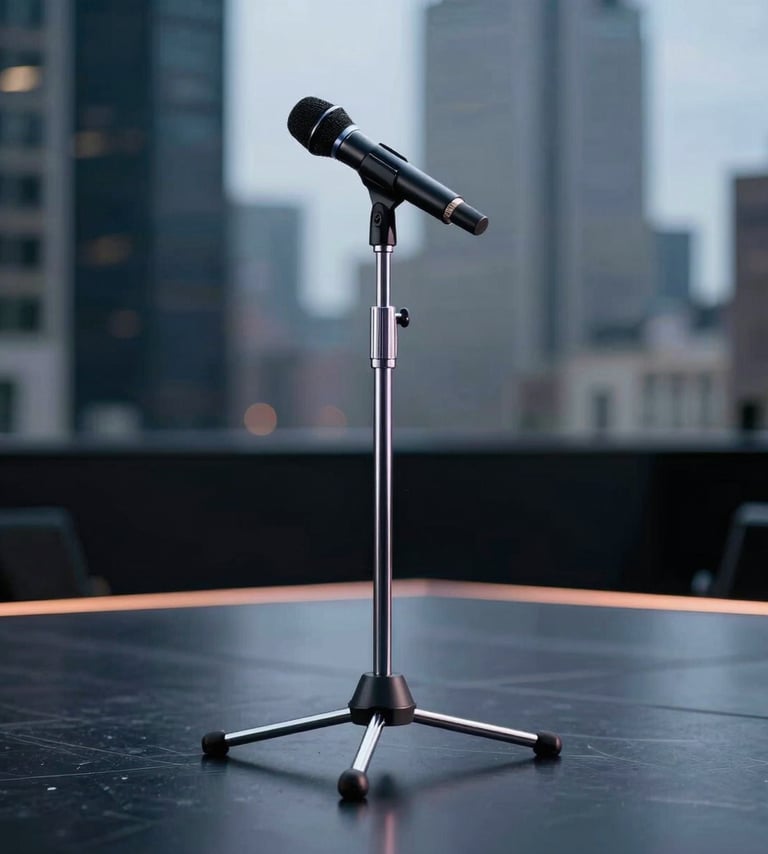 A detailed shot of a custom chrome microphone stand on a dark, reflective stage in a North American city. The lighting is cold and modern, emphasizing the high-performance minimalist brand.